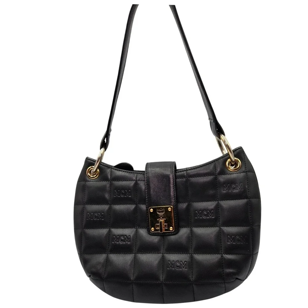 MCM Quilted Shoulder Bag Black Leather Designer Purse Handbag - Picture 2 of 10